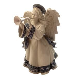 Vintage Angel Blowing Trumpet Music Box Resin Figurine Blue Damask Trim Sankyo